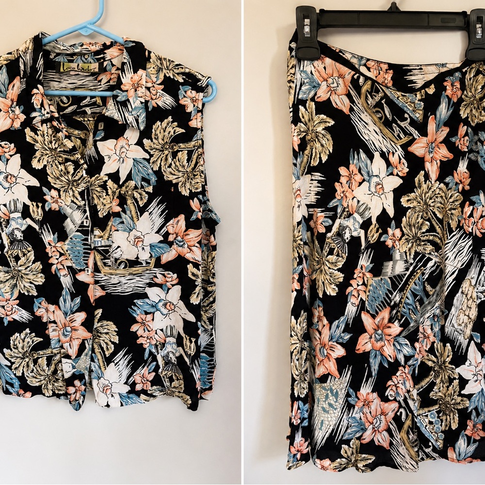 Vintage  Loco Lindo Tropical Rayon Matching Set Top Skirt Medium Resort Vacation